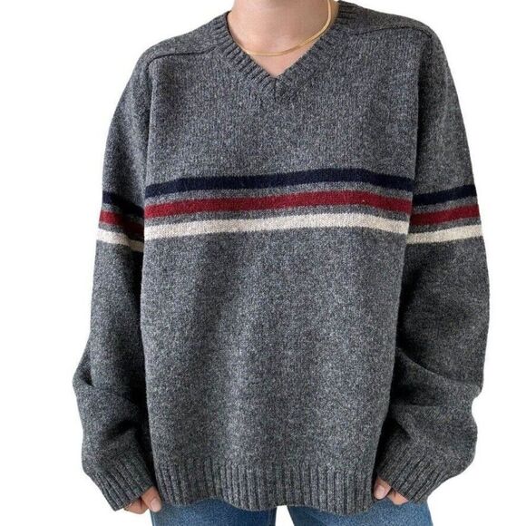 Vintage Mens J Crew 100% Wool Gray Striped Preppy V Neck Sweater XL - Picture 1 of 7